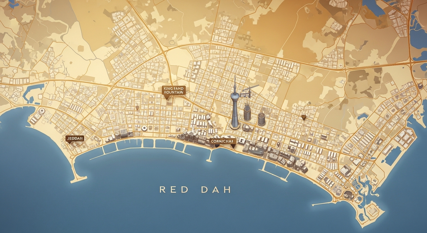 AI_IMAGE: Stylized aerial satellite map view of Jeddah, Saudi Arabia, showing the coastline and major districts with warm gold and cream color overlay tones, elegant cartographic style, muted palette matching luxury branding | digital-art | landscape