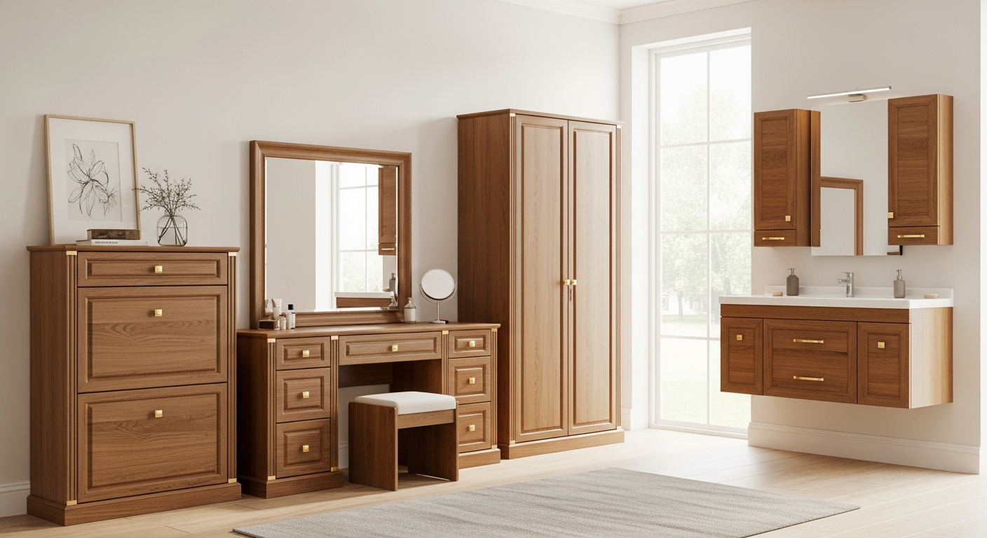 AI_IMAGE: A collection of luxury custom-made complementary furniture pieces in a bright room: a wooden vanity dressing table with mirror, a shoe cabinet with clean lines, and a bathroom vanity unit, all in matching warm wood tones with gold hardware accents | photorealistic | landscape
