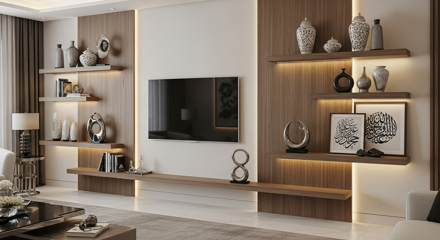 AI_IMAGE: A modern living room with an elegant TV wall unit made of wood alternative panels in warm oak tone, floating shelves with decorative items, recessed lighting behind panels, clean architectural lines, luxury Saudi Arabian interior style | photorealistic | landscape