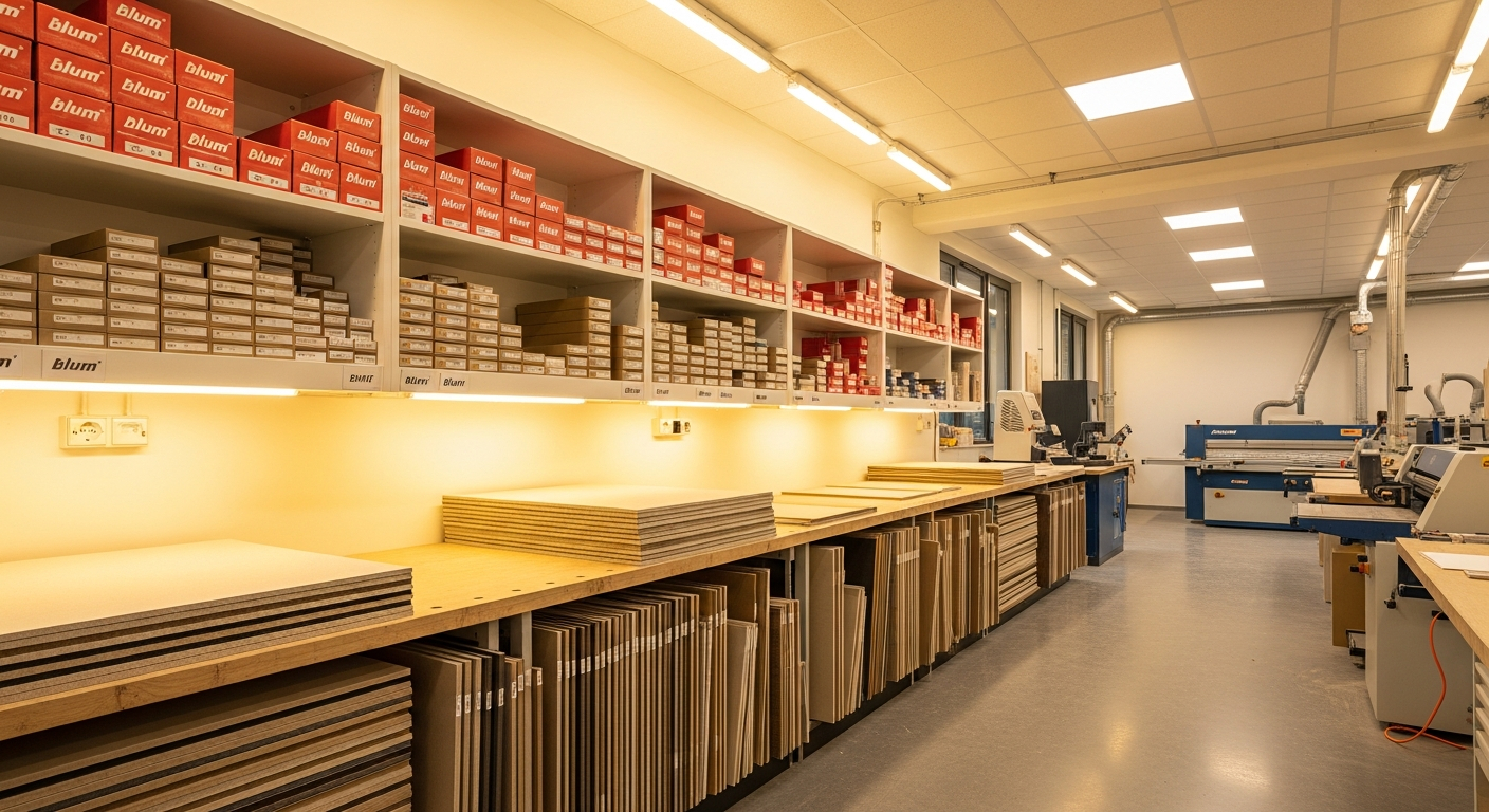 AI_IMAGE: Interior of a professional woodworking workshop with neatly organized European chipboard sheets, Blum hardware boxes on shelves, warm workshop lighting, clean and organized space with a luxury feel, sawdust-free environment | photorealistic | landscape